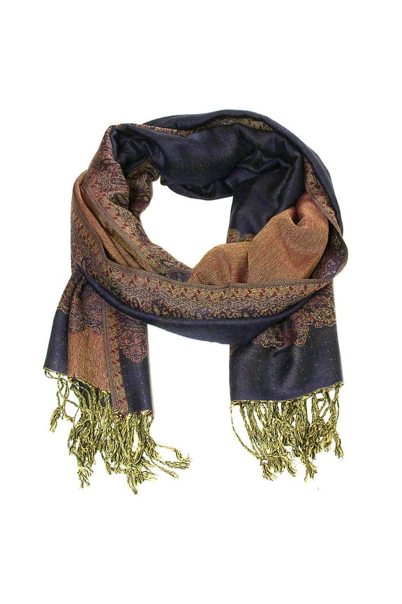Women's Large Double Layered Pashmina Shawl Wrap Border Pattern Scarf Navy
