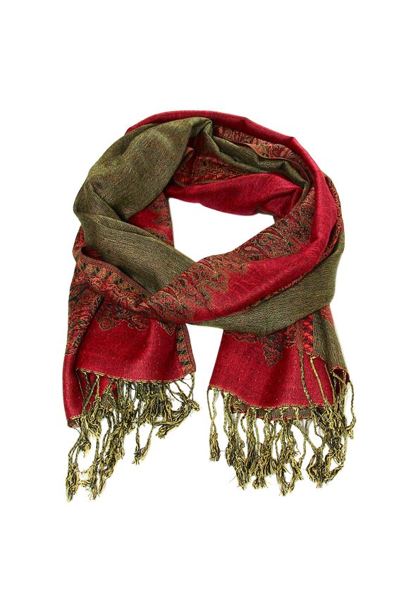 Women's Large Double Layered Pashmina Shawl Wrap Border Pattern Scarf Red