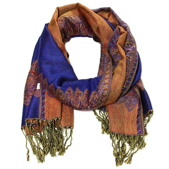 Falari Women's Large Double Layered Pashmina Shawl Wrap Border Pattern Scarf Royal Blue