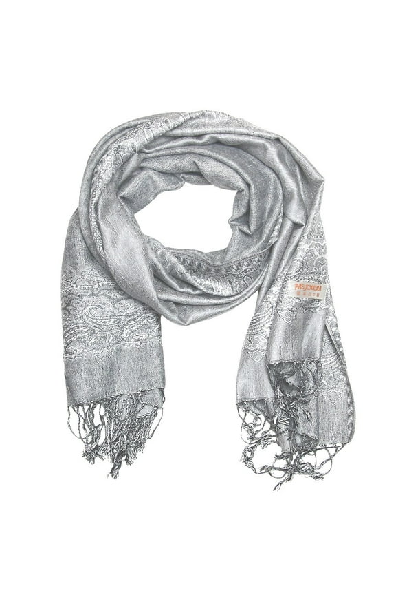 Women's Large Double Layered Pashmina Shawl Wrap Border Pattern Scarf Silver Grey