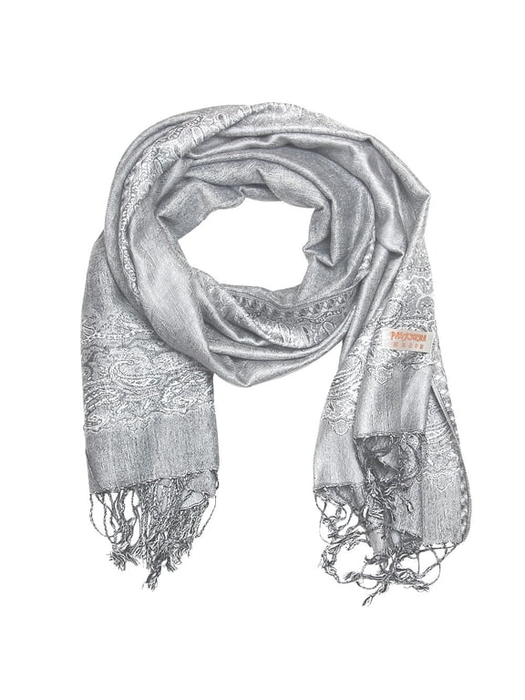 Women's Large Double Layered Pashmina Shawl Wrap Border Pattern Scarf Silver Grey