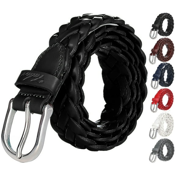 Falari Women's Leather Braided Belt Stainless Steel Buckle 6007 Black Large