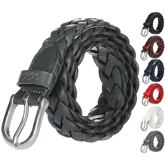 Falari Women's Leather Braided Belt Stainless Steel Buckle 6007 Dark Gray Medium
