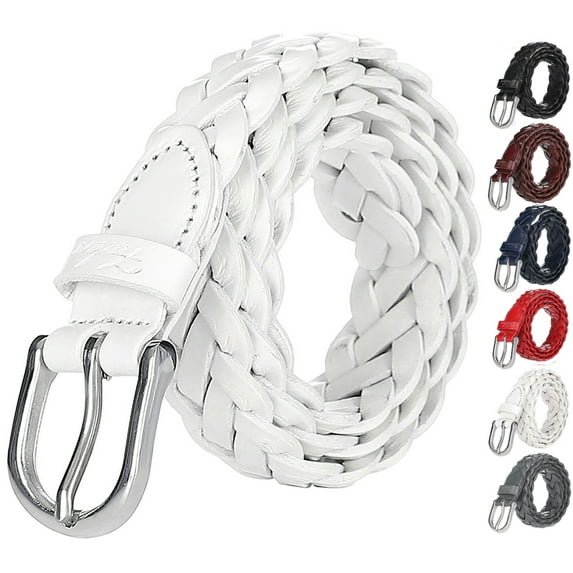 Falari Women's Leather Braided Belt Stainless Steel Buckle 6007 White Medium