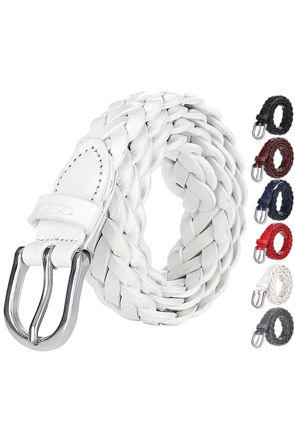 Women's Leather Braided Belt Stainless Steel Buckle 6007 White Medium