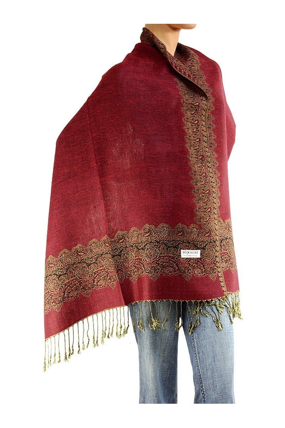 Women's Pashmina Shawl Wrap Border Pattern Double Layered Scarf Burgundy