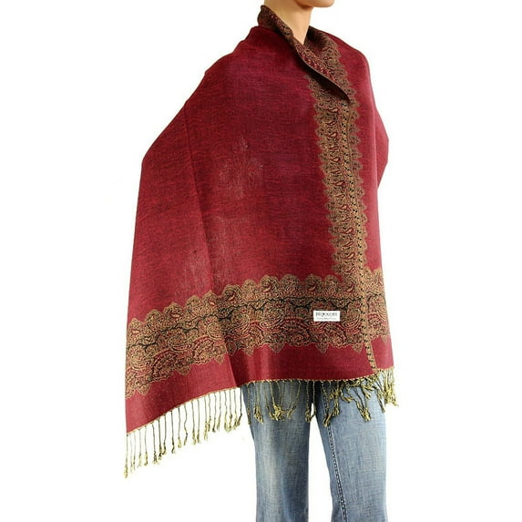 Falari Women's Pashmina Shawl Wrap Border Pattern Double Layered Scarf Burgundy