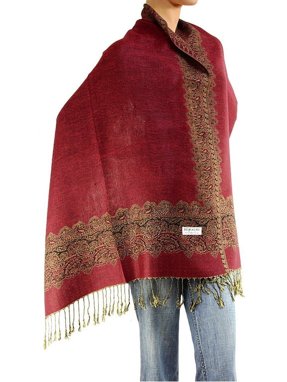 Women's Pashmina Shawl Wrap Border Pattern Double Layered Scarf Burgundy