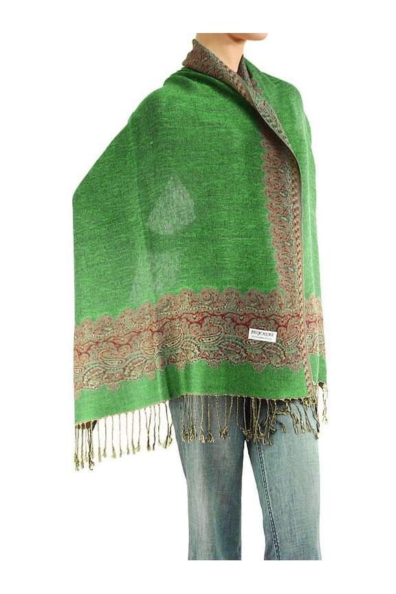 Women's Pashmina Shawl Wrap Border Pattern Double Layered Scarf Kelly Green