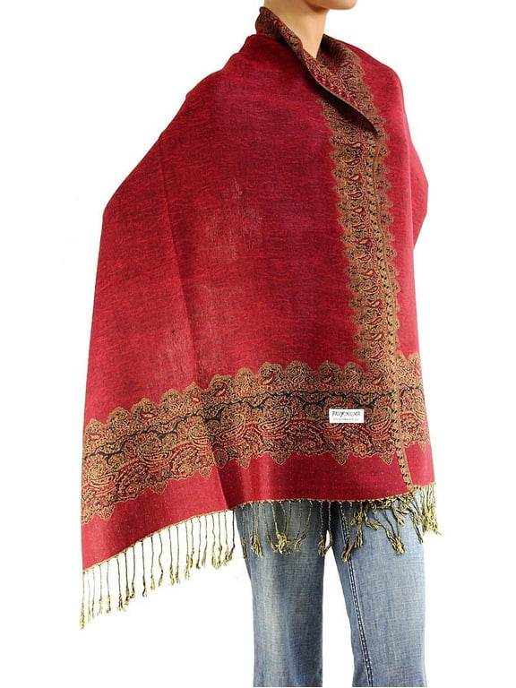 Women's Pashmina Shawl Wrap Border Pattern Double Layered Scarf Red