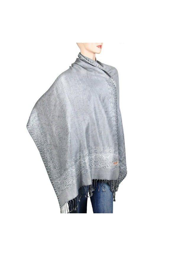 Women's Pashmina Shawl Wrap Border Pattern Double Layered Scarf Silver Grey