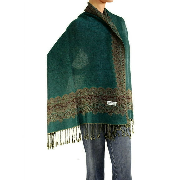 Falari Women's Pashmina Shawl Wrap Border Pattern Double Layered Scarf Teal
