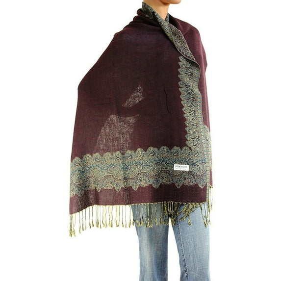 Falari Women's Pashmina Shawl Wrap Border Pattern Double Layered Scarf Wine