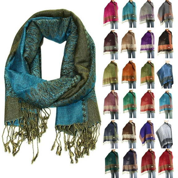 Falari Women's Pashmina Silk Large Double Layered Border Pattern Scarf Shawl Wrap