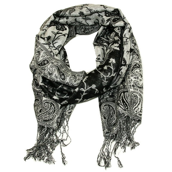 Falari Women's Reversible Paisley Woven Pashmina Shawl Wrap Scarf 80" x 27" Black/White