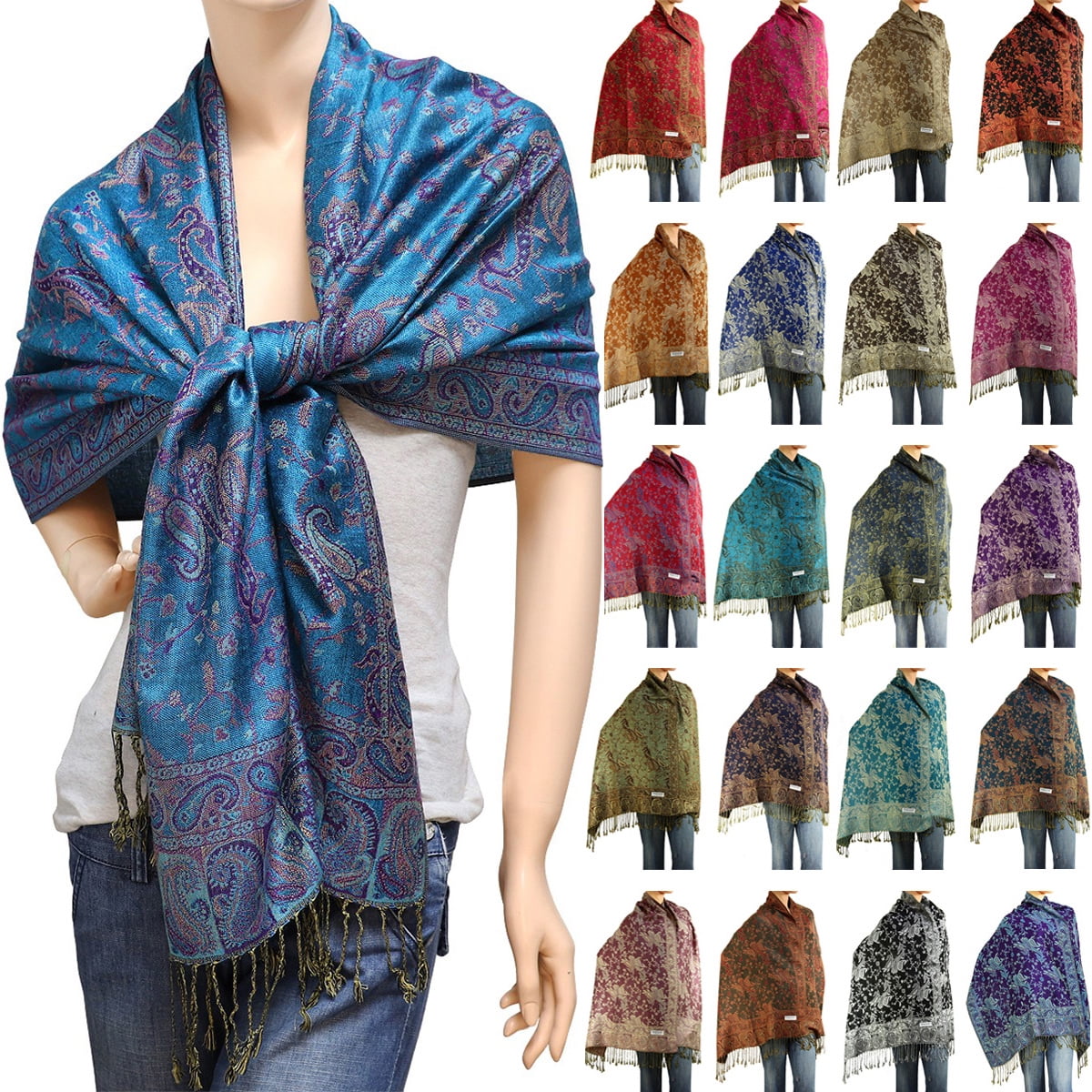 Falari Women's Silk Pashmina Shawl Wrap Scarf with Long Fringes