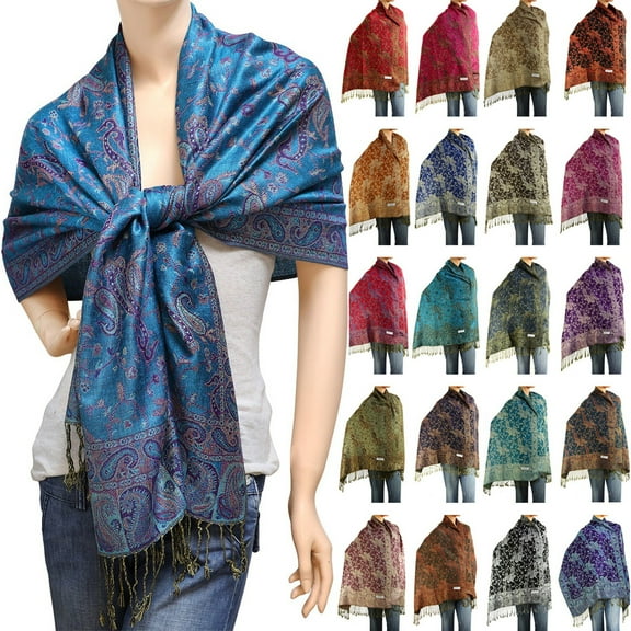 Falari Women's Reversible Paisley Woven Pashmina Shawl Wrap Scarf 80" x 27" Blue