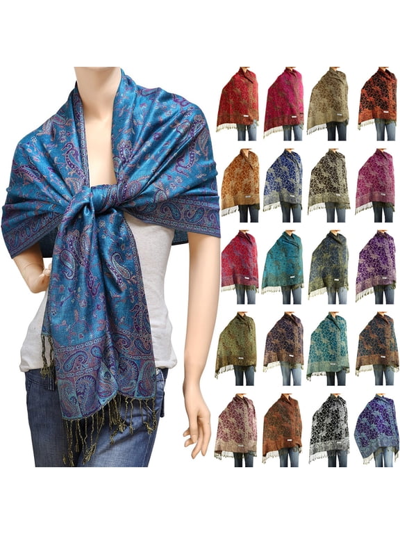 Women's Reversible Paisley Woven Pashmina Shawl Wrap Scarf 80" x 27" Blue