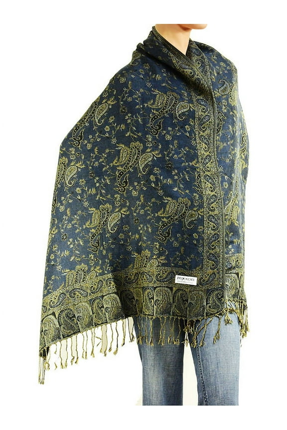 Women's Reversible Paisley Woven Pashmina Shawl Wrap Scarf 80" x 27" Navy