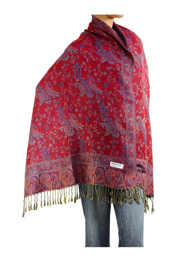 Women's Reversible Paisley Woven Pashmina Shawl Wrap Scarf 80" x 27" Red/Blue