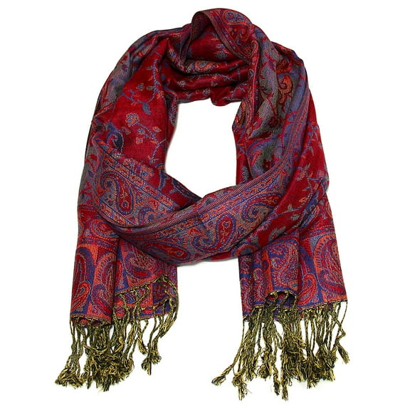 Falari Women's Reversible Paisley Woven Pashmina Shawl Wrap Scarf 80" x 27" Red/Blue