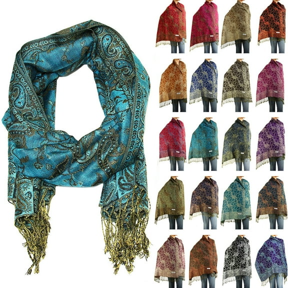 Falari Women's Reversible Paisley Woven Pashmina Shawl Wrap Scarf 80" x 27" Turquoise
