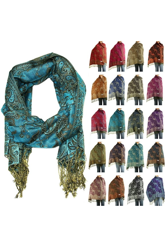 Women's Reversible Paisley Woven Pashmina Shawl Wrap Scarf 80" x 27" Turquoise