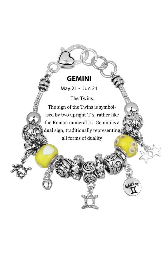 Zodiac Charm Bracelet Multi-Color Slide Metal Murano Beads Silvertone Gift Box Included Gemini May 21 - Jun 21