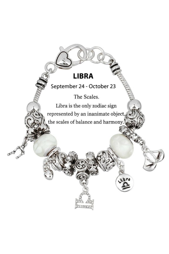 Zodiac Libra Slide Metal Murano Beads Charm Bracelet, Silvertone