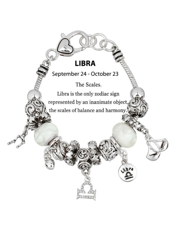 Zodiac Libra Slide Metal Murano Beads Charm Bracelet, Silvertone
