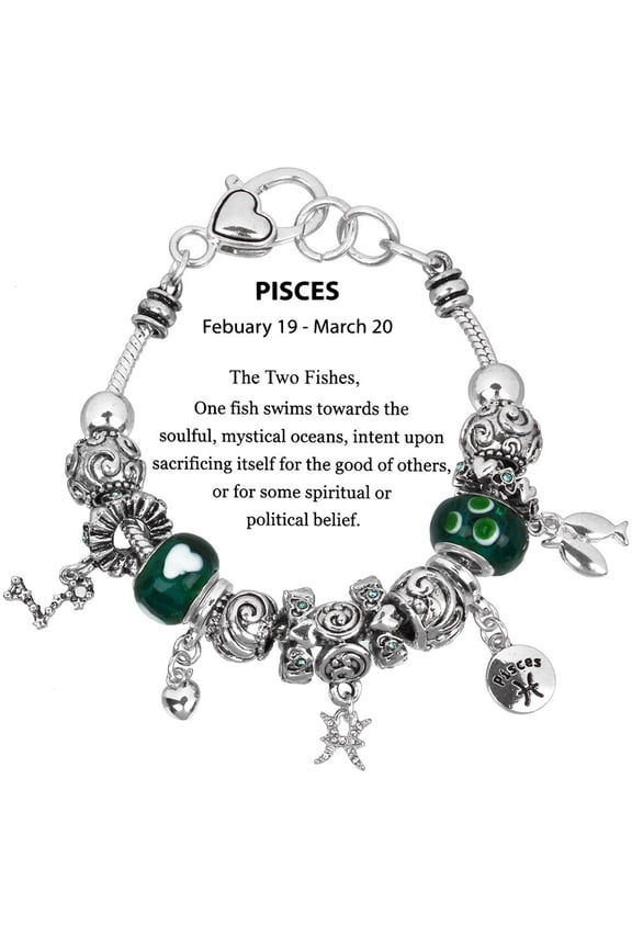 Zodiac Charm Bracelet Multi-Color Slide Metal Murano Beads Silvertone Gift Box Included Pisces Feb 19 - Mar 20