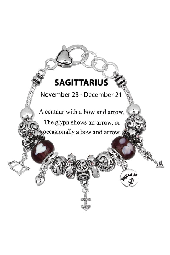 Zodiac Charm Bracelet Multi-Color Slide Metal Murano Beads Silvertone Gift Box Included Sagittarius Nov 23 - Dec 21