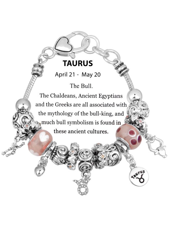 Zodiac Charm Bracelet Multi-Color Slide Metal Murano Beads Silvertone Gift Box Included Taurus Apr 21 - May 20