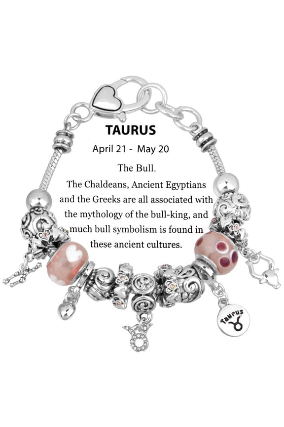 Zodiac Charm Bracelet Multi-Color Slide Metal Murano Beads Silvertone Gift Box Included Taurus Apr 21 - May 20