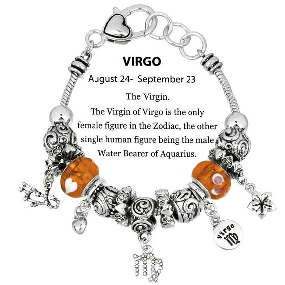 Falari Zodiac Charm Bracelet Multi-Color Slide Metal Murano Beads Silvertone Gift Box Included Virgo Aug 24 - Sep 23