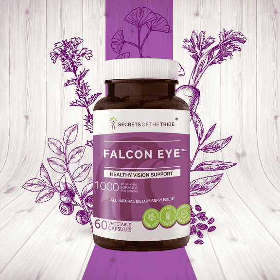 Secrets of the Tribe Falcon Eye Capsules Dietary Supplement, Natural Herb Blend, Made from Bilberry, Eyebright, Ginkgo, Green Tea, Carrot, Grape 60 Count