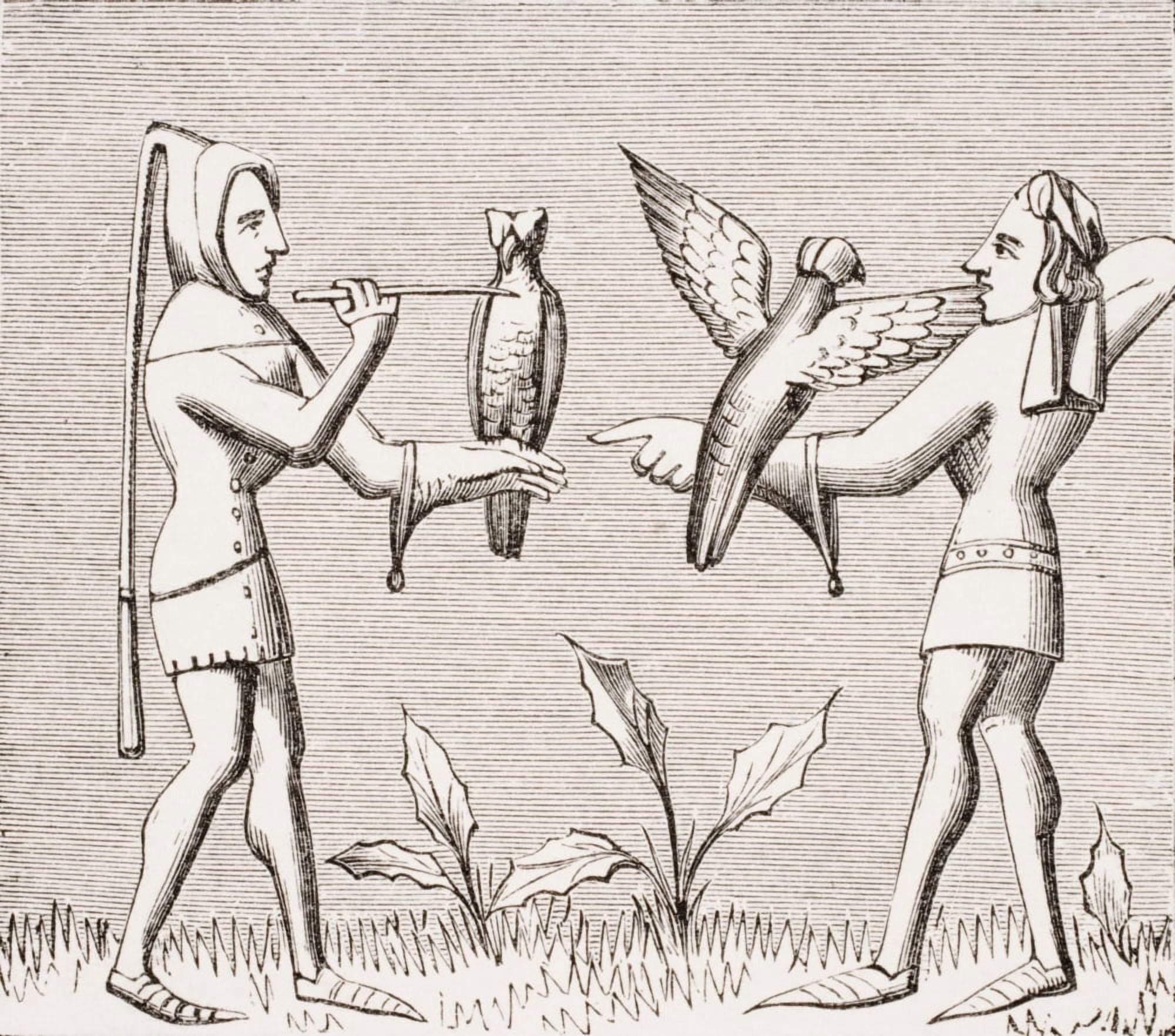 Falconers Dressing Their Birds 19Th Century Reproduction Of Miniature In 14Th Century Manuscript Livre Du Roy Modus By Henri De Ferri-res Canvas Art - Ken Welsh Design Pics (15 x 13)