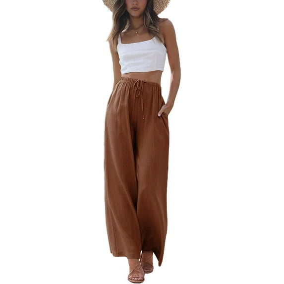 Faleave Women's Cotton Linen Summer Palazzo Pants Flowy Wide Leg Beach Trousers with Pockets