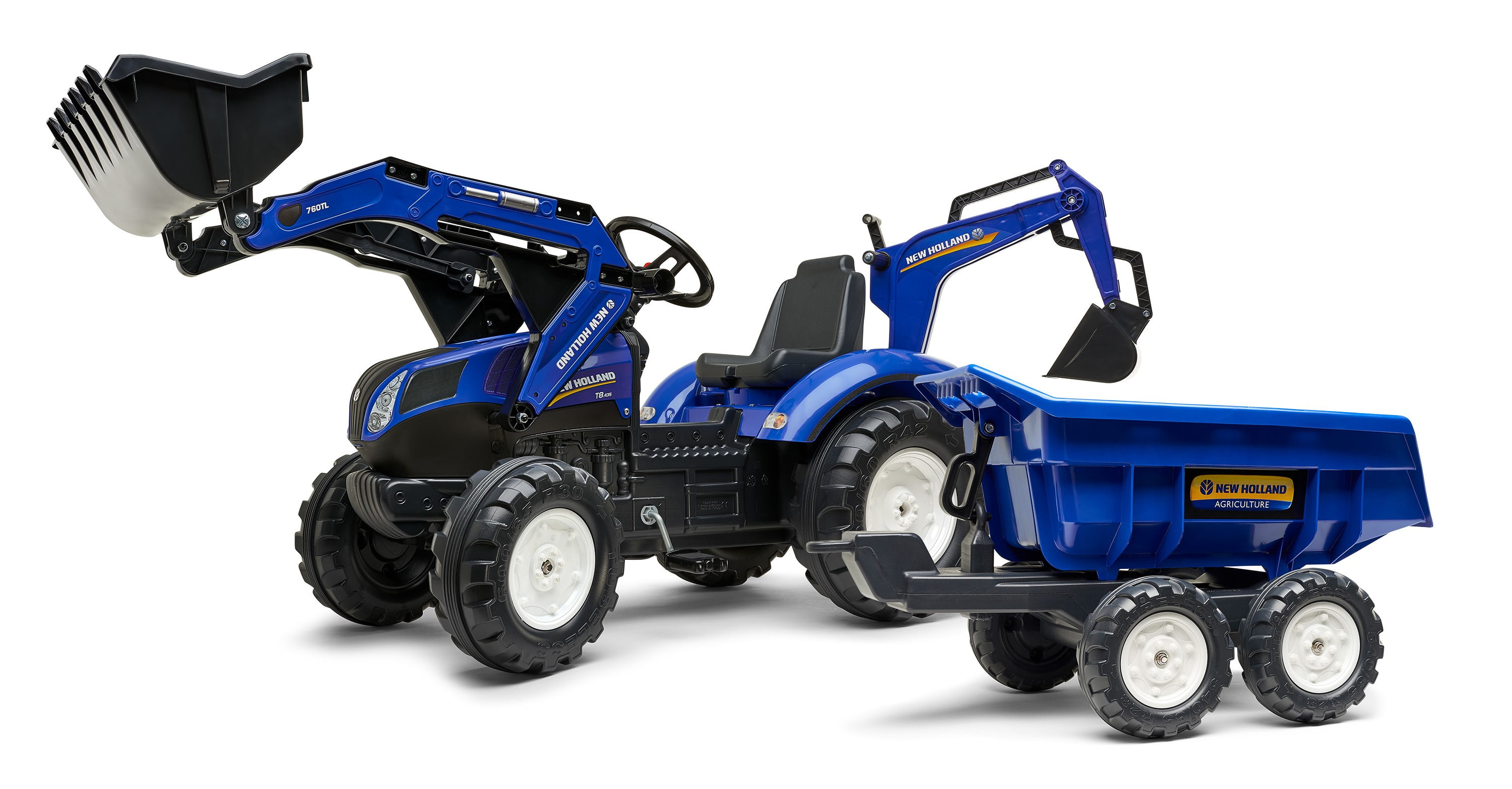 Falk New Holland T8 Pedal Tractor with Front Loader, Backhoe and