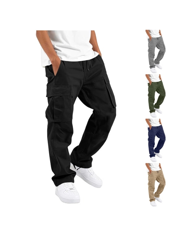 Boys Cotton Pants Drawstring Sport Pockets Straight Leg Cargo Trendy Pantalones Elastic Waist Trousers for Boys Relaxed fit, Black, Size: 7-8 Years