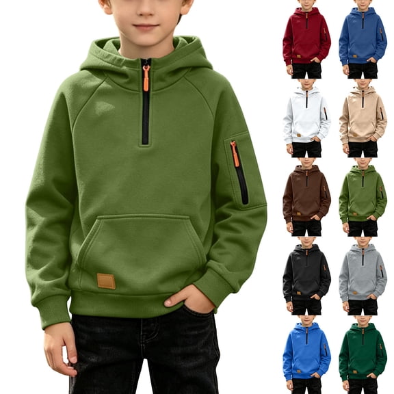 Falkdiz Boys Hooded Sweatshirts 1/4 Zipper Winter Pullover Outdoor Warm Fleece School Hoilday Gifts Solid Color Tops for Boys Long Sleeve , Army Green , Size: 4 Years