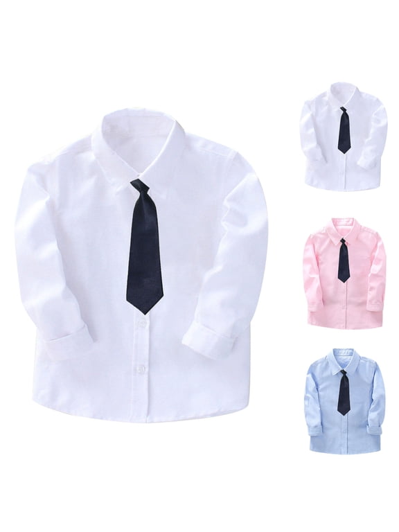 Boys Long Sleeve Shirts Tie Cotton Button Up Back to School Casual Stylish Tops for Boys Solid Color,White,Size: 2