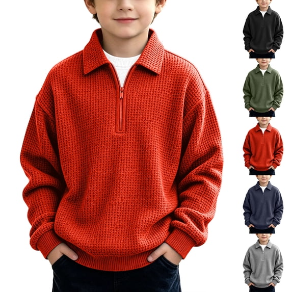 Falkdiz Boys Long Sleeve Shirts Waffle 1/4 Zipper Pullover Outdoor Winter Casual Solid Color Tshirts for Boys Collar,Red,Size: 9
