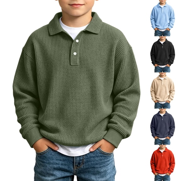 Falkdiz Boys Long Sleeve Shirts Waffle Button Pullover Outdoor Winter Casual Solid Color Tshirts for Boys Stylish,Army Green,Size: 3