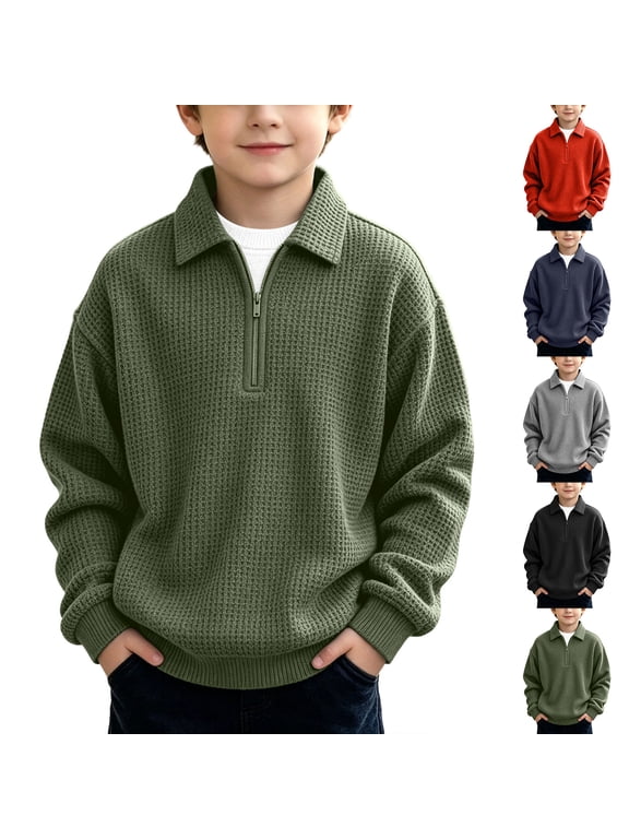 Boys Long Sleeve Shirts Waffle Outdoor Pullover 1/4 Zipper Winter Casual Collar Travel Tshirts for Boys,Army Green,Size: 3
