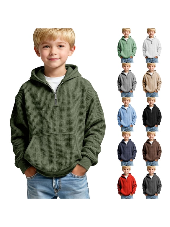 Boys Long Sleeve Shirts Waffle Sport Pullover with Pocket Winter Casual Solid Color Tshirts for Boys Travel,Army Green,Size: 4