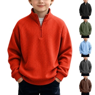 Falkdiz Boys Long Sleeve Shirts Waffle Winter Pullover Outdoor 1/4 Zipper Stand Up Collar Solid Color Casual Tshirts for Boys Stylish,Red,Size: 9