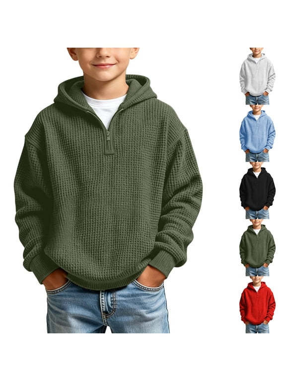 Boys Long Sleeve Sweatshirts 1/4 Zipper Winter Pullover Outdoor Waffle Hooded Trendy Solid Color Shirts for Boys Casual,Army Green,Size: 9-10