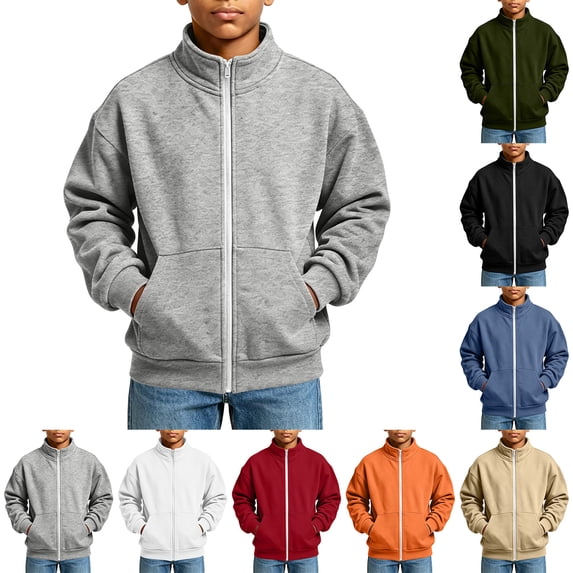 Falkdiz Boys Long Sleeve Sweatshirts With Pockets Warm Zip-up Winter Sports Mock Neck School Solid Color Tops for Boys Daily , Army Green , Size: 5-6 Years