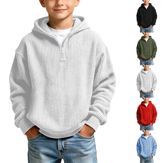 Falkdiz Boys Long Sleeve Sweatshirts Waffle 1/4 Zipper Pullover Outdoor Winter Trendy Casual Shirts for Boys Solid Color,White,Size: 7-8